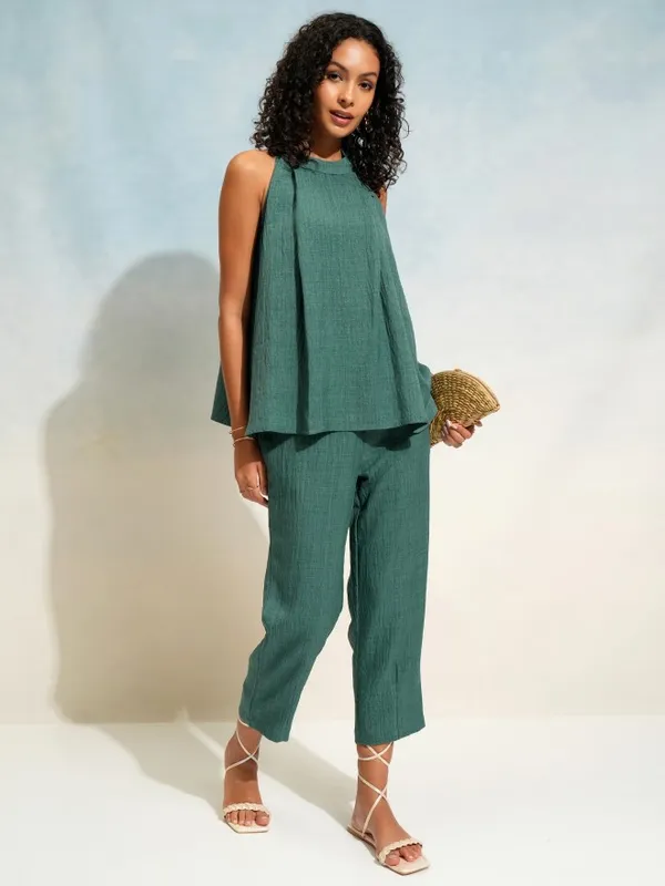 Tokyo Talkies Women Teal Top With Trouser Co-Ords