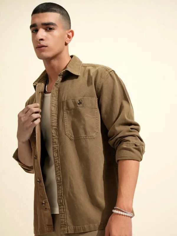 Highlander Men Khaki Oversized Fit Casual Shirt