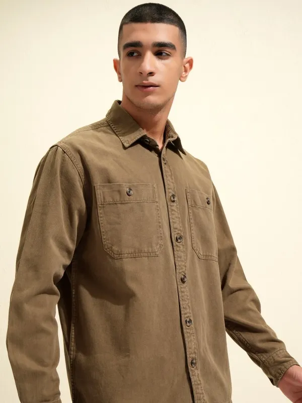 Highlander Men Khaki Oversized Fit Casual Shirt