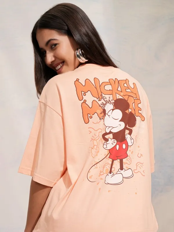 Disney By Tokyo Talkies Women Peach Mickey Mouse Printed Round Neck T-Shirt