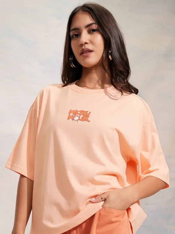 Disney By Tokyo Talkies Women Peach Mickey Mouse Printed Round Neck T-Shirt