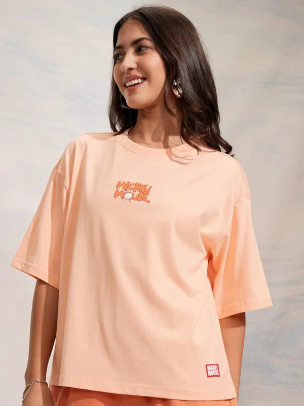 Disney By Tokyo Talkies Women Peach Mickey Mouse Printed Round Neck T-Shirt