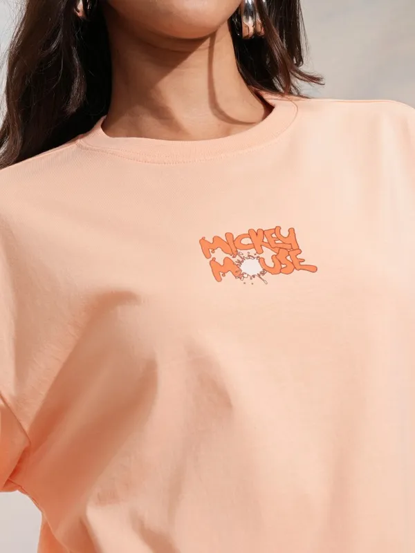 Disney By Tokyo Talkies Women Peach Mickey Mouse Printed Round Neck T-Shirt