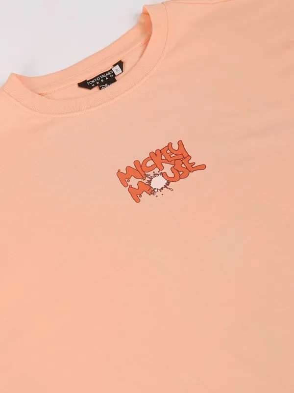Disney By Tokyo Talkies Women Peach Mickey Mouse Printed Round Neck T-Shirt