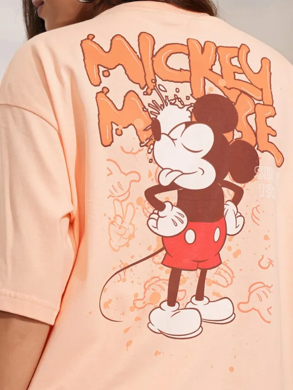 Disney By Tokyo Talkies Women Peach Mickey Mouse Printed Round Neck T-Shirt