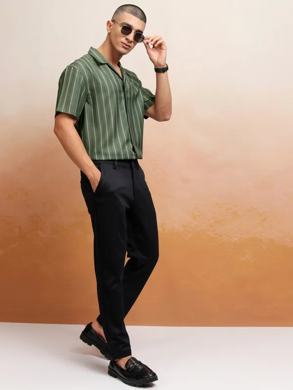 Highlander Men Olive Striped Relaxed Fit Casual Shirt