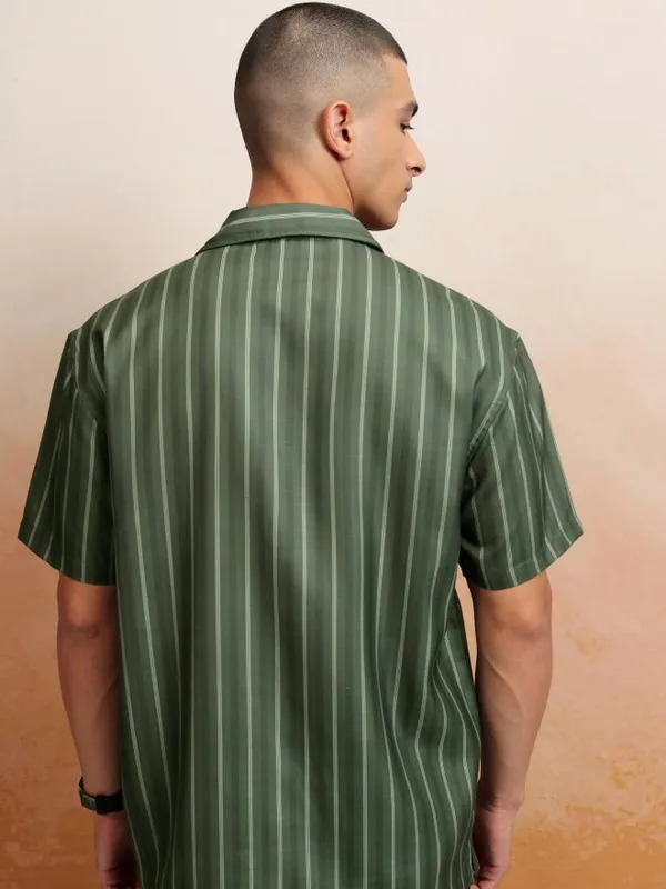 Highlander Men Olive Striped Relaxed Fit Casual Shirt