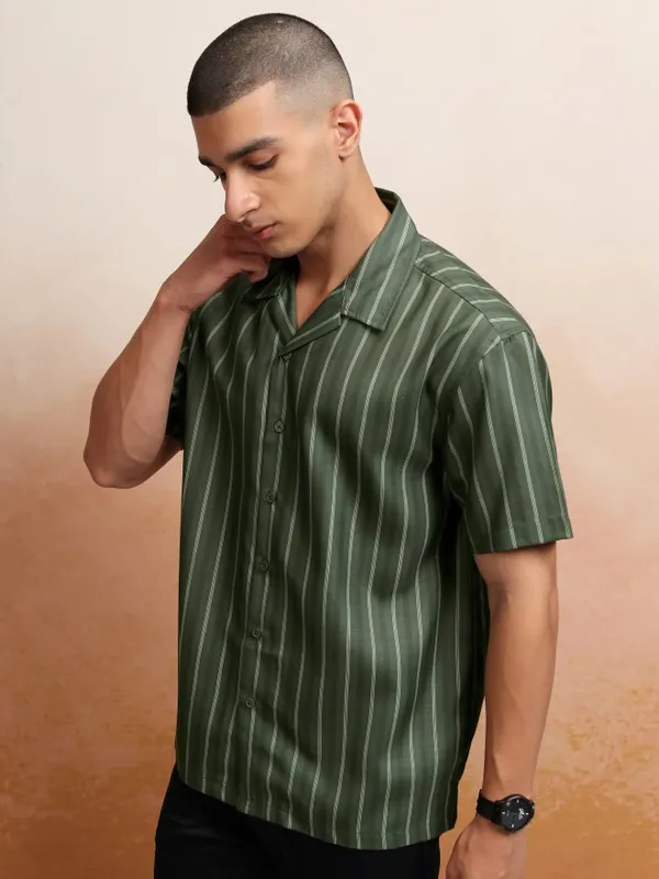 Highlander Men Olive Striped Relaxed Fit Casual Shirt
