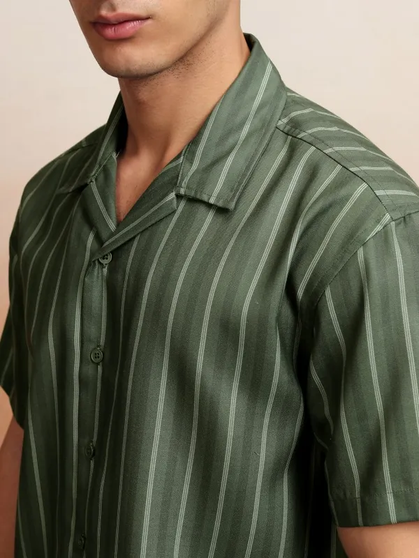 Highlander Men Olive Striped Relaxed Fit Casual Shirt