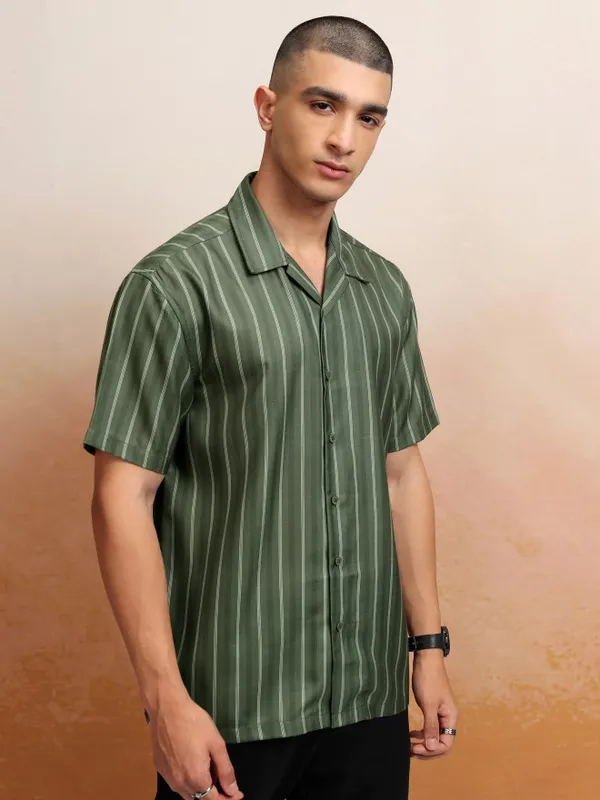 Highlander Men Olive Striped Relaxed Fit Casual Shirt