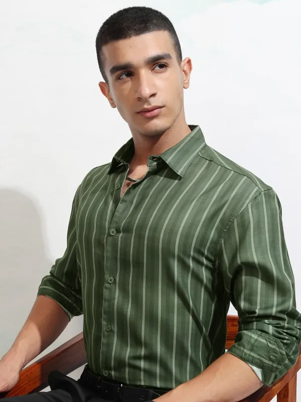 Highlander Men Olive Striped Relaxed Fit Casual Shirt