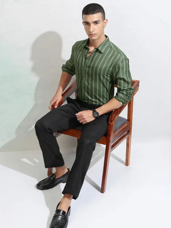 Highlander Men Olive Striped Relaxed Fit Casual Shirt