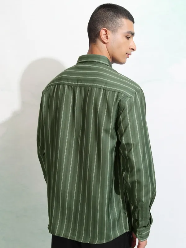 Highlander Men Olive Striped Relaxed Fit Casual Shirt