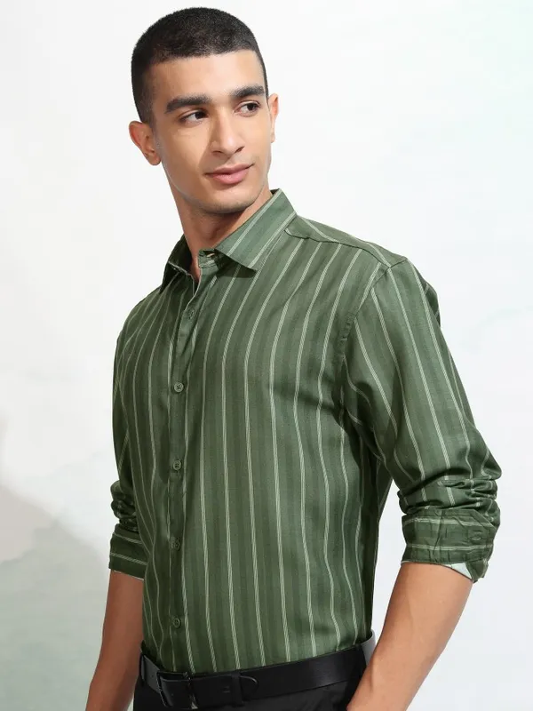 Highlander Men Olive Striped Relaxed Fit Casual Shirt