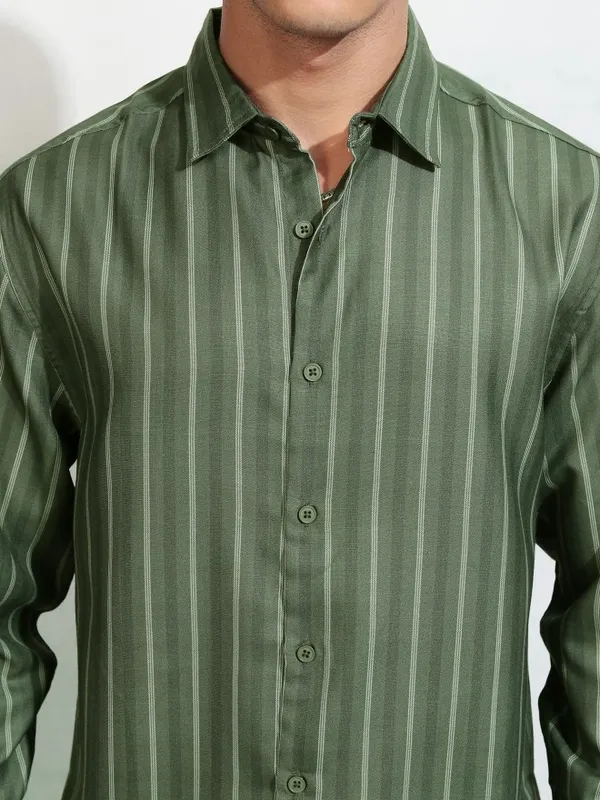 Highlander Men Olive Striped Relaxed Fit Casual Shirt