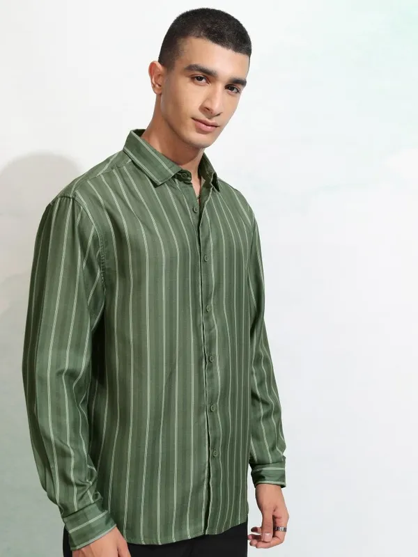 Highlander Men Olive Striped Relaxed Fit Casual Shirt