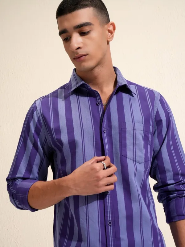Ketch Men Purple Striped Slim Fit Casual Shirt