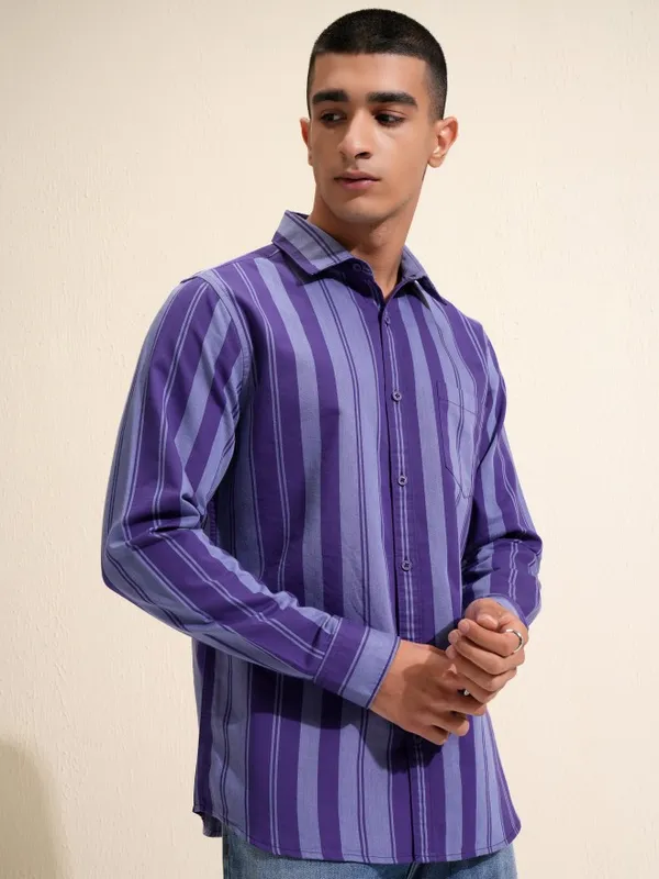Ketch Men Purple Striped Slim Fit Casual Shirt