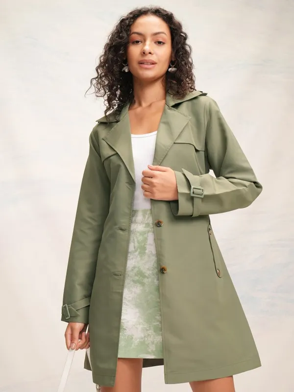 Tokyo Talkies Women Olive Open Front Trench Coat