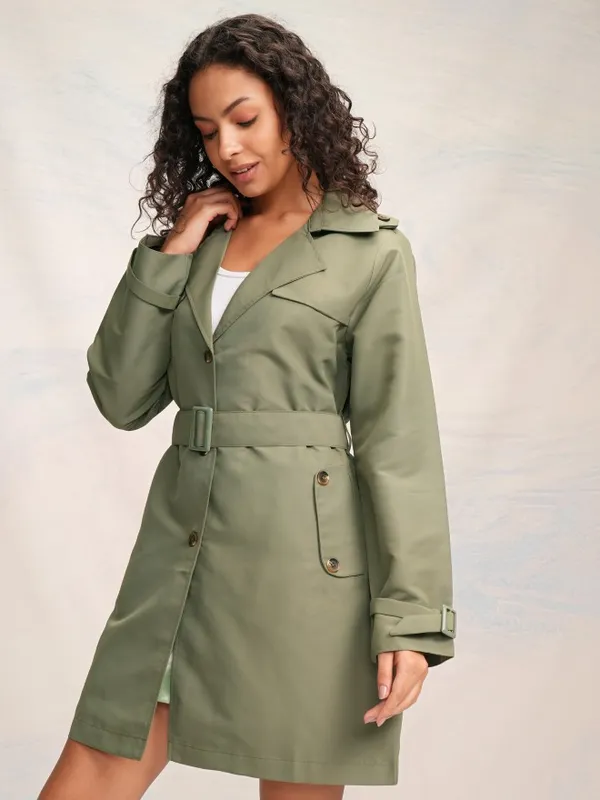 Tokyo Talkies Women Olive Open Front Trench Coat