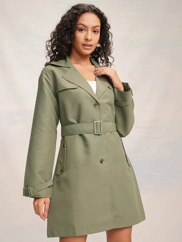 Tokyo Talkies Women Olive Open Front Trench Coat