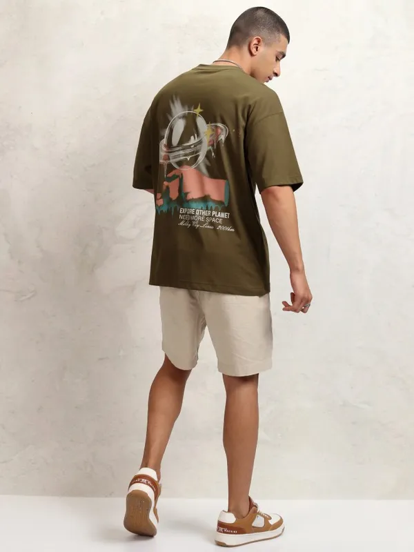 Highlander Men Brown Printed Round Neck Oversized Fit T-Shirt