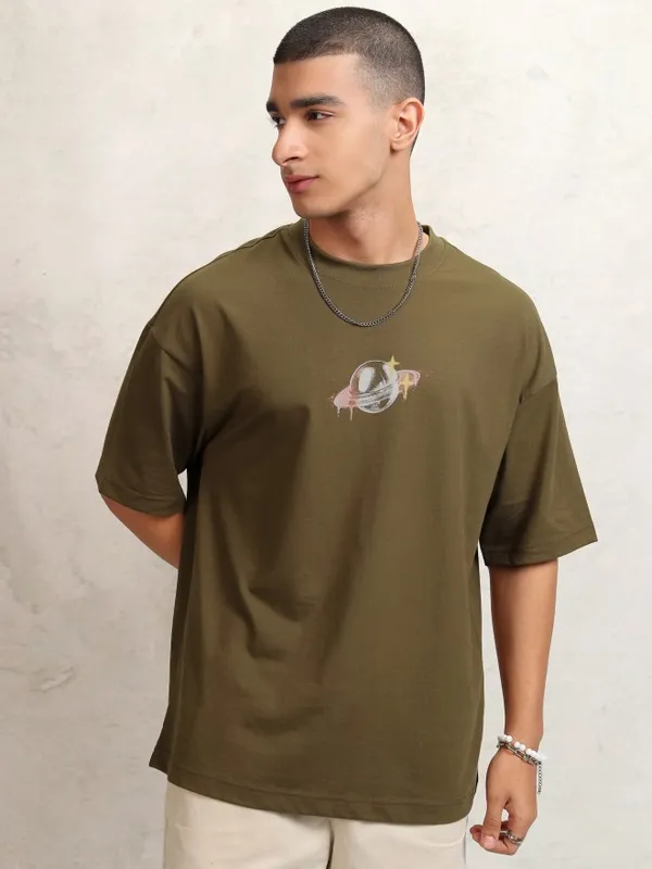 Highlander Men Brown Printed Round Neck Oversized Fit T-Shirt