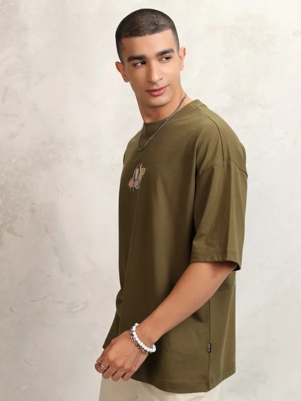 Highlander Men Brown Printed Round Neck Oversized Fit T-Shirt