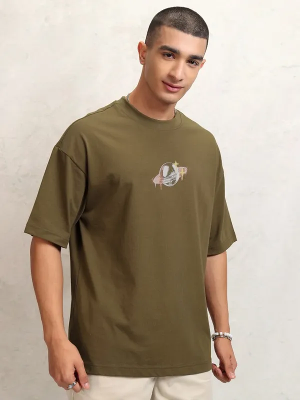 Highlander Men Brown Printed Round Neck Oversized Fit T-Shirt
