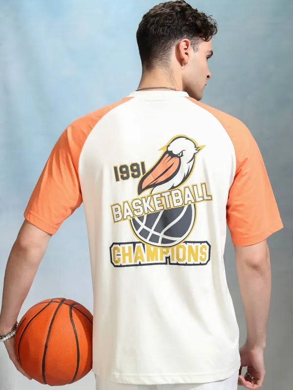 Highlander Men Off White Printed Round Neck Oversized Fit T-Shirt