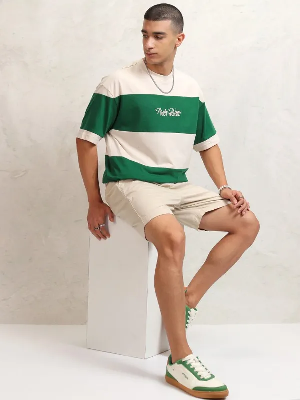 Highlander Men Cream Striped Round Neck Oversized Fit T-Shirt