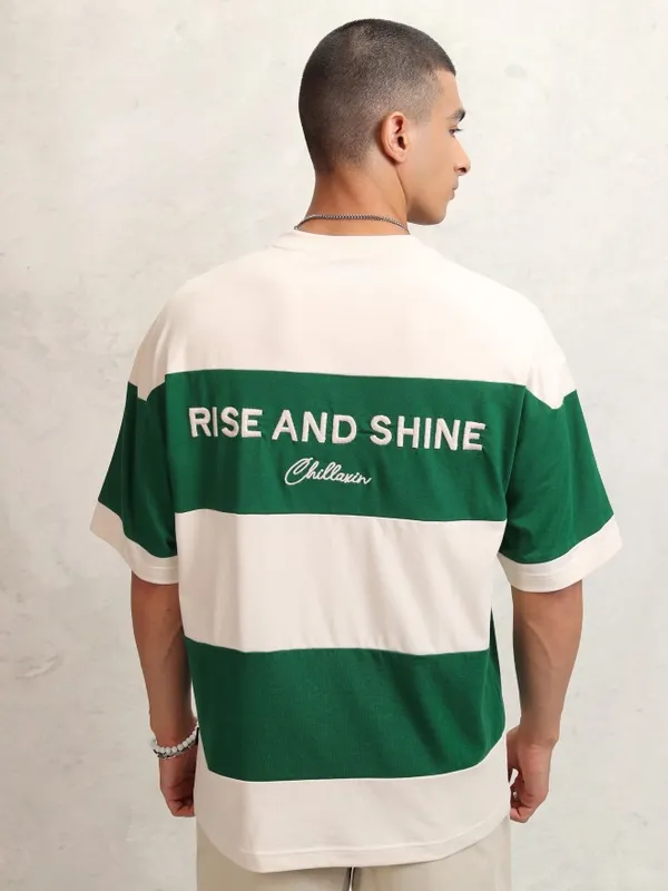 Highlander Men Cream Striped Round Neck Oversized Fit T-Shirt
