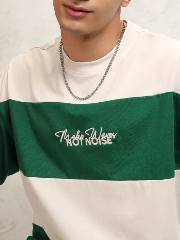 Highlander Men Cream Striped Round Neck Oversized Fit T-Shirt