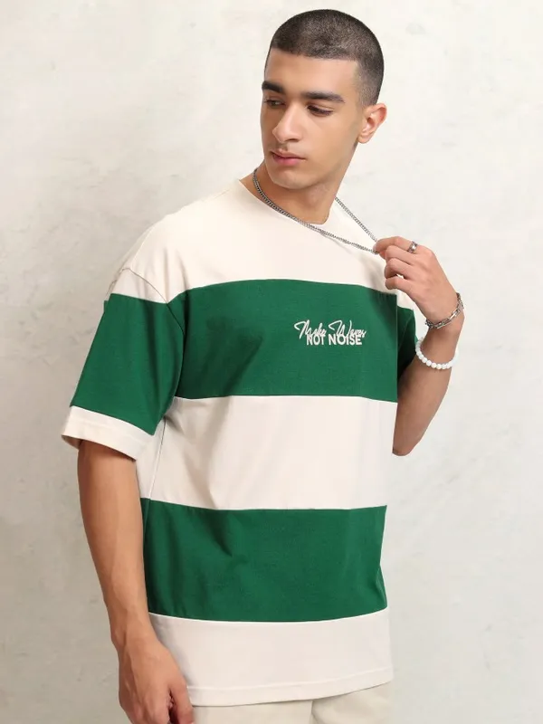 Highlander Men Cream Striped Round Neck Oversized Fit T-Shirt