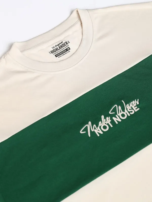 Highlander Men Cream Striped Round Neck Oversized Fit T-Shirt