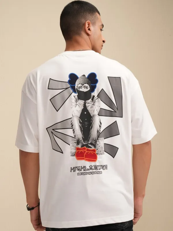 Highlander Men White Printed Round Neck Oversized Fit T-Shirt