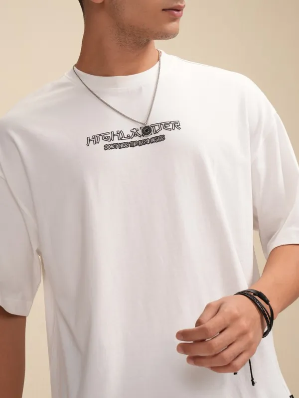 Highlander Men White Printed Round Neck Oversized Fit T-Shirt