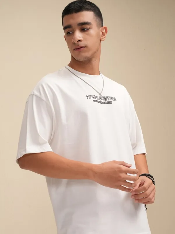 Highlander Men White Printed Round Neck Oversized Fit T-Shirt