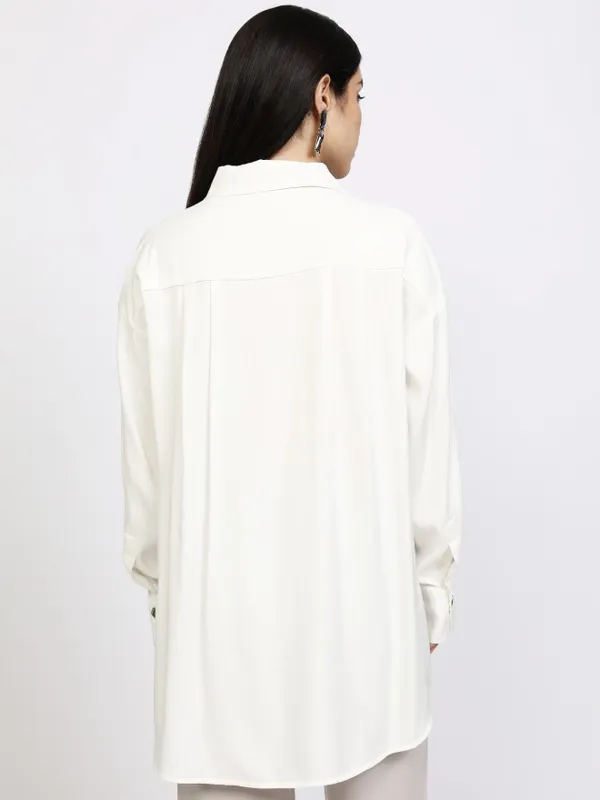 Tokyo Talkies Women Off White Solid Casual Shirt