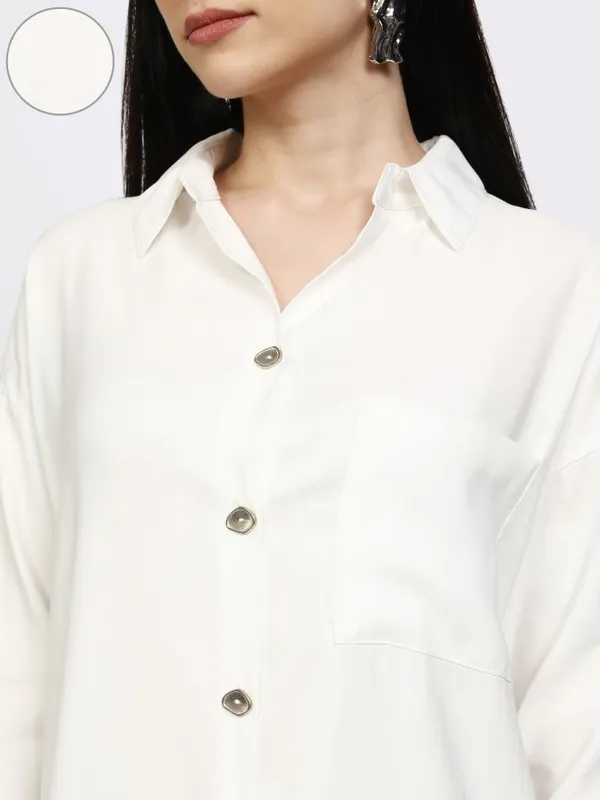 Tokyo Talkies Women Off White Solid Casual Shirt
