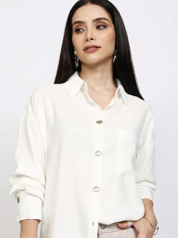 Tokyo Talkies Women Off White Solid Casual Shirt