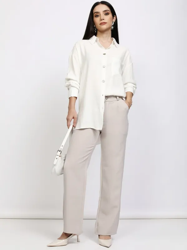 Tokyo Talkies Women Off White Solid Casual Shirt