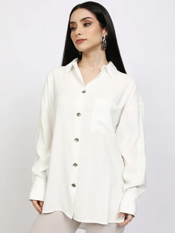Tokyo Talkies Women Off White Solid Casual Shirt