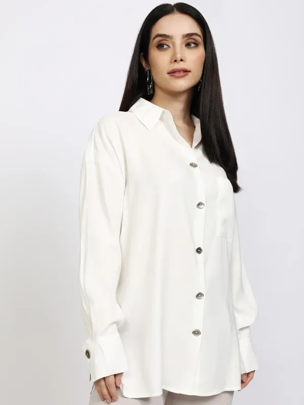 Tokyo Talkies Women Off White Solid Casual Shirt