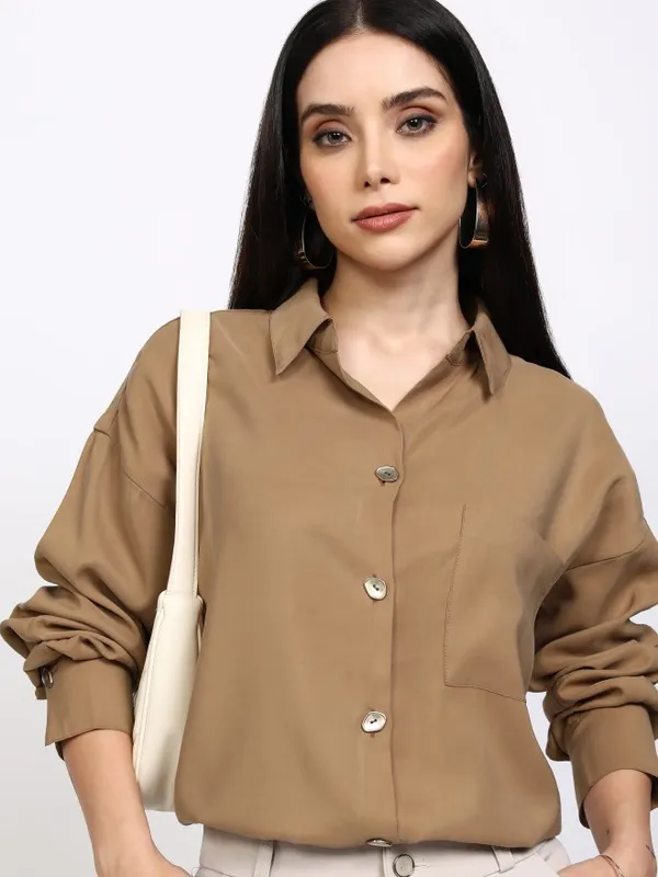 Tokyo Talkies Women Taupe Solid Casual Shirt