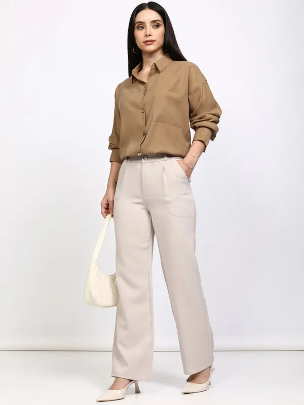 Tokyo Talkies Women Taupe Solid Casual Shirt