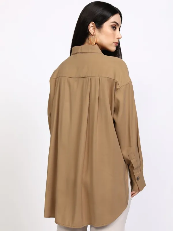 Tokyo Talkies Women Taupe Solid Casual Shirt