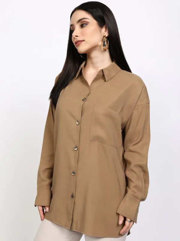 Tokyo Talkies Women Taupe Solid Casual Shirt