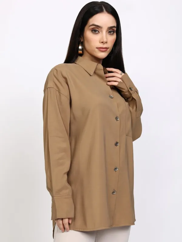 Tokyo Talkies Women Taupe Solid Casual Shirt