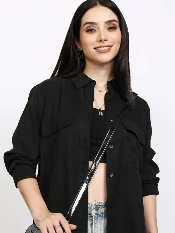 Tokyo Talkies Women Black Solid Casual Shirt